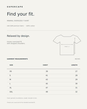 SuperCape Minimal oversized T-shirt size chart, XS to XXL, garment measurements in inches