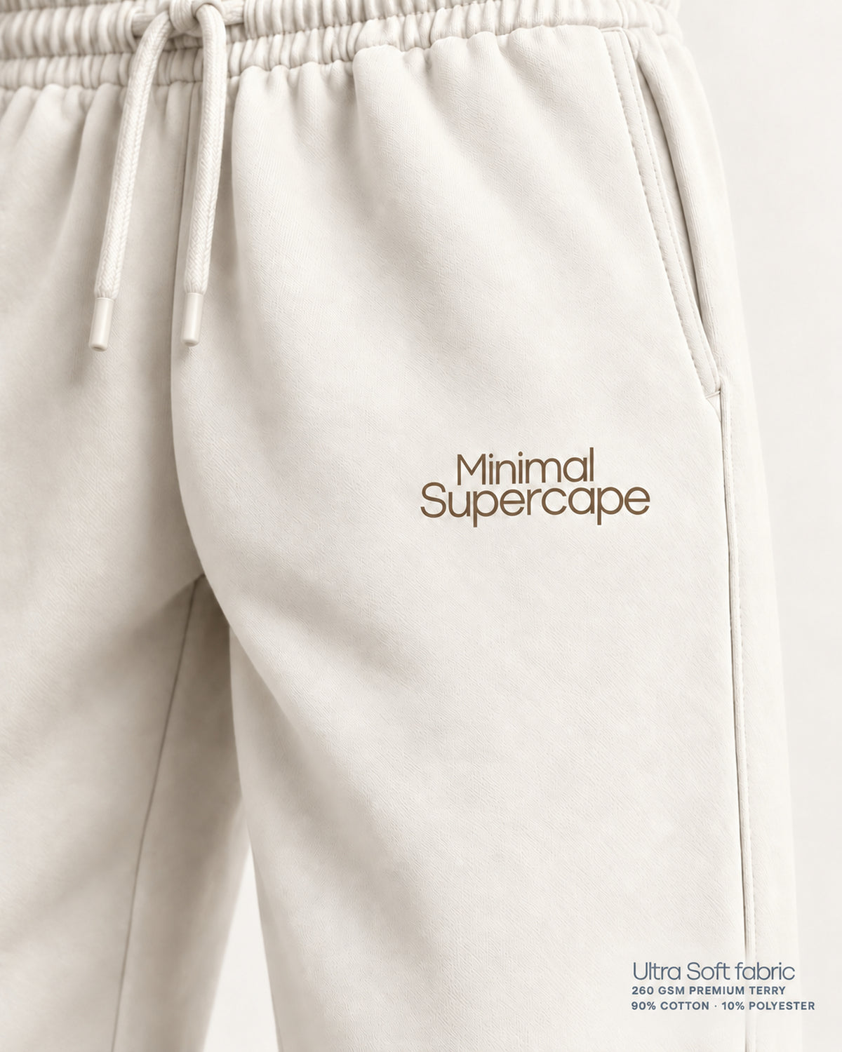 Minimal Off-White Unisex Sweatpants — warm-stone thigh wordmark close-up, Ultra Soft fabric