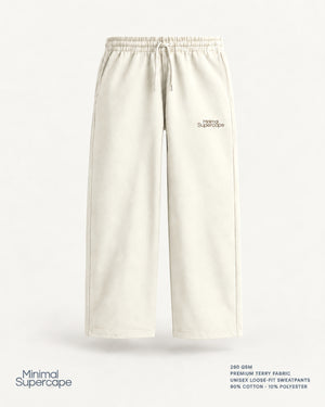 Minimal Off-White Unisex Sweatpants — premium 3D front view with approved warm-stone wordmark