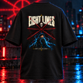 SuperCape EIGHT LINES black oversized T-shirt back 3D mockup with the 14 by 16.8 inch Qikink artwork layout, red web rays, skull and blue lightning character.