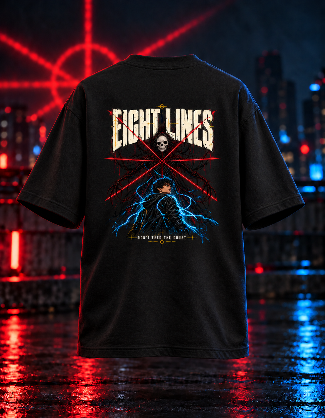 SuperCape EIGHT LINES black oversized T-shirt back 3D mockup with the 14 by 16.8 inch Qikink artwork layout, red web rays, skull and blue lightning character.