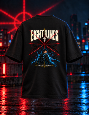 SuperCape EIGHT LINES black oversized T-shirt back 3D mockup with the 14 by 16.8 inch Qikink artwork layout, red web rays, skull and blue lightning character.